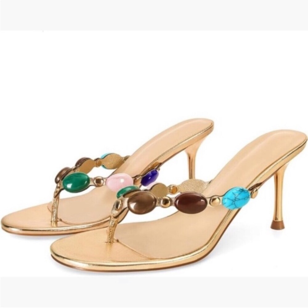 Gold Heeled Sandals Thong Strappy Kitten Heels Dressy Mule Summer Bohemia Party